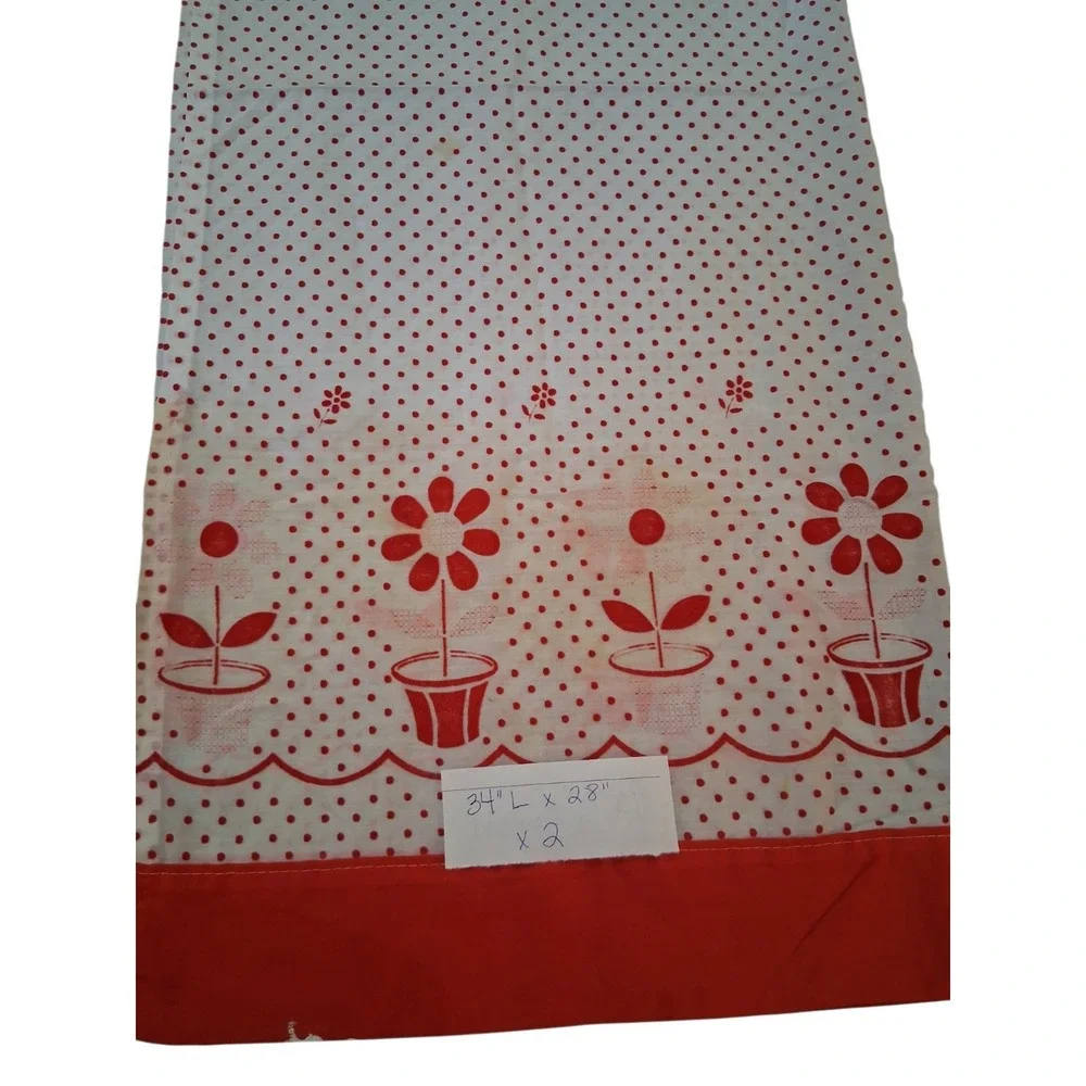 Vtg Cafe Curtains & Kitchen Valance Set Red White Polka Dot Flower Decor READ